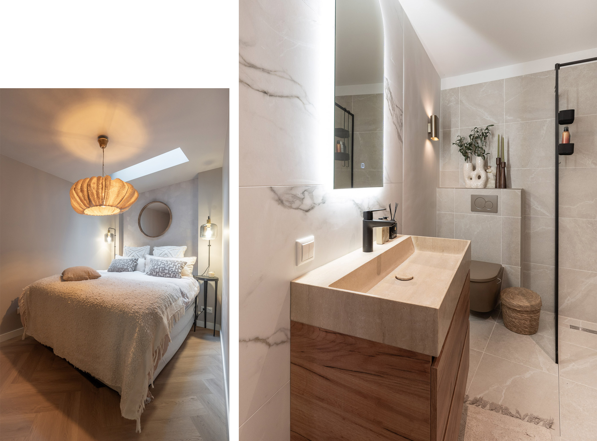 Kleine badkamer met marmeren grote tegels aan de muur en op de vloer, houten wastafelmeubel en zwarte kranen.