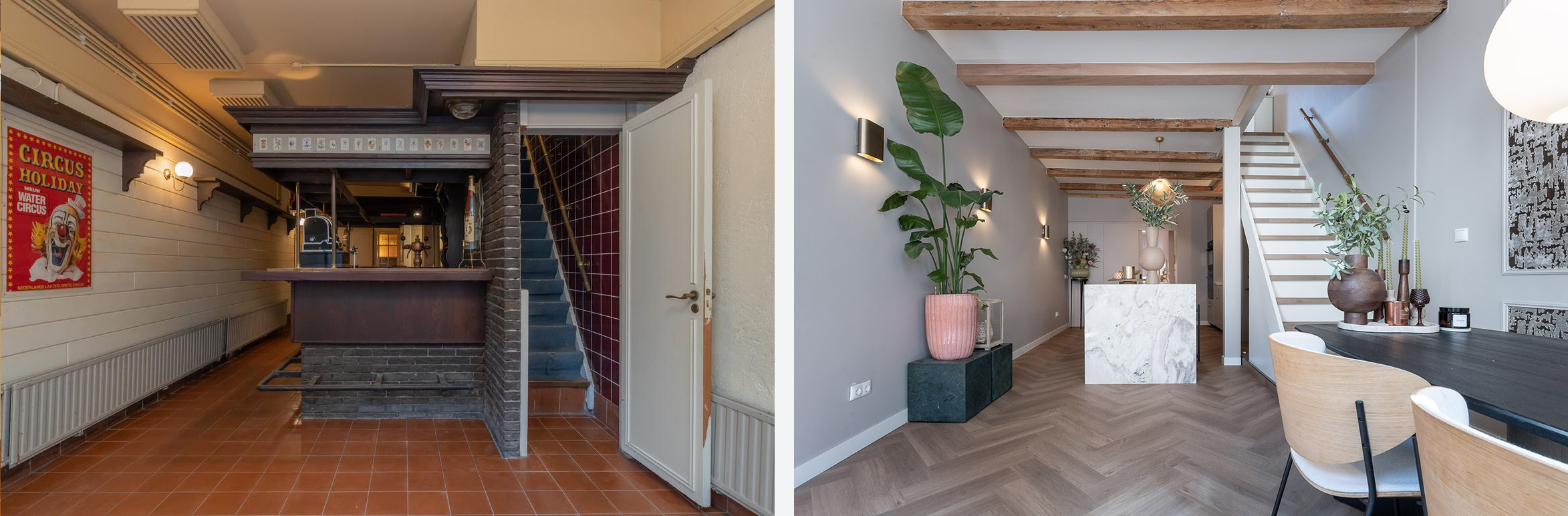 Voor en nafoto van verbouwing van oud huis tot moderne open keuken