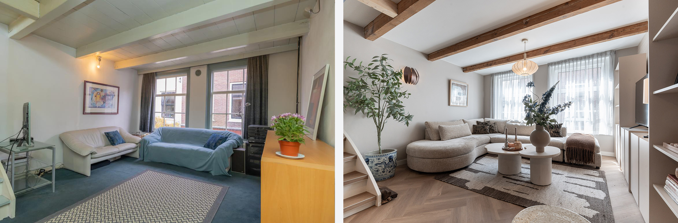 Voor en na foto van een ouderwetse woonkamer tot een trendy ingerichte woonkamer