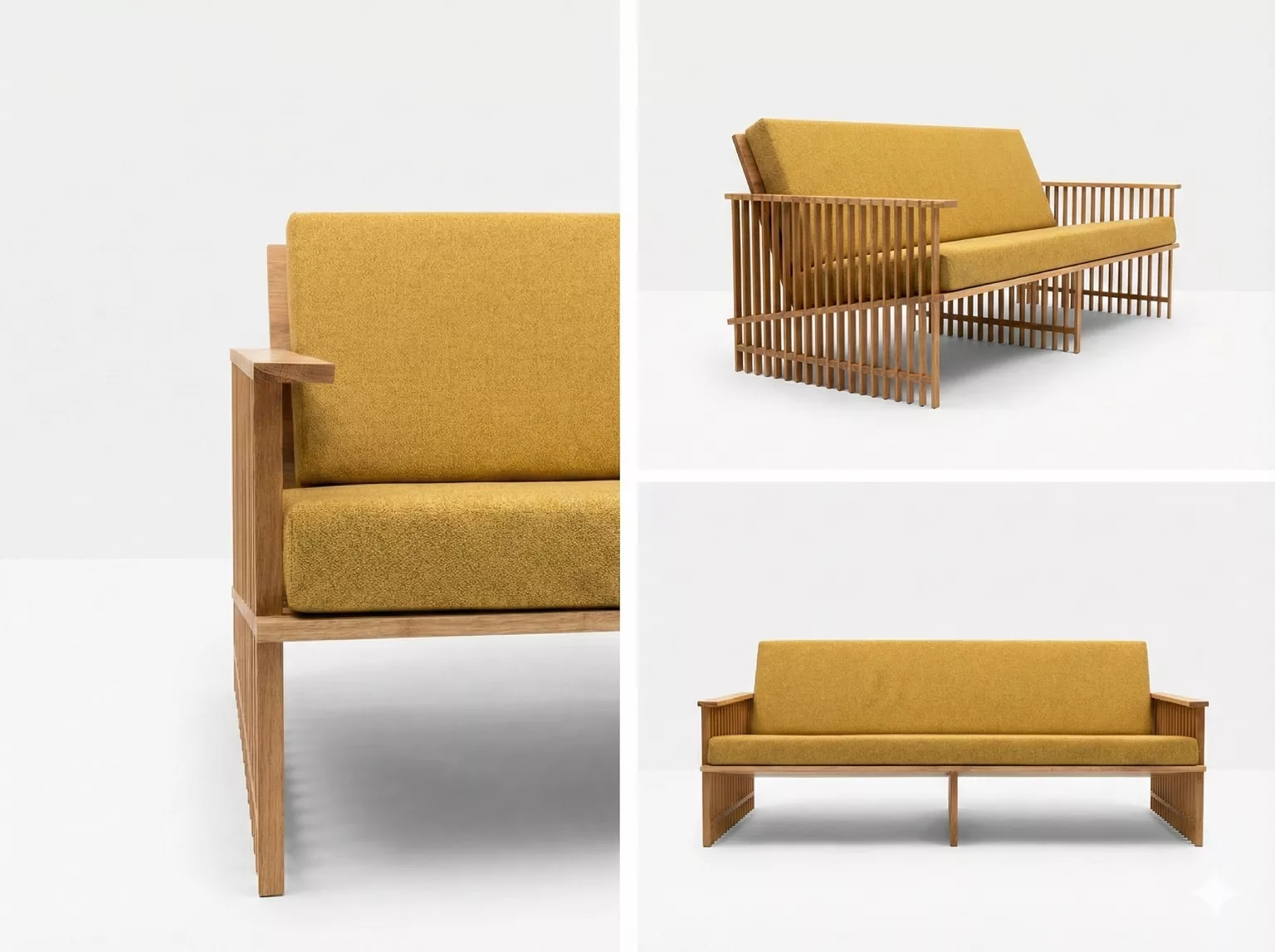 Houten lattenbank met okergele bekleding 