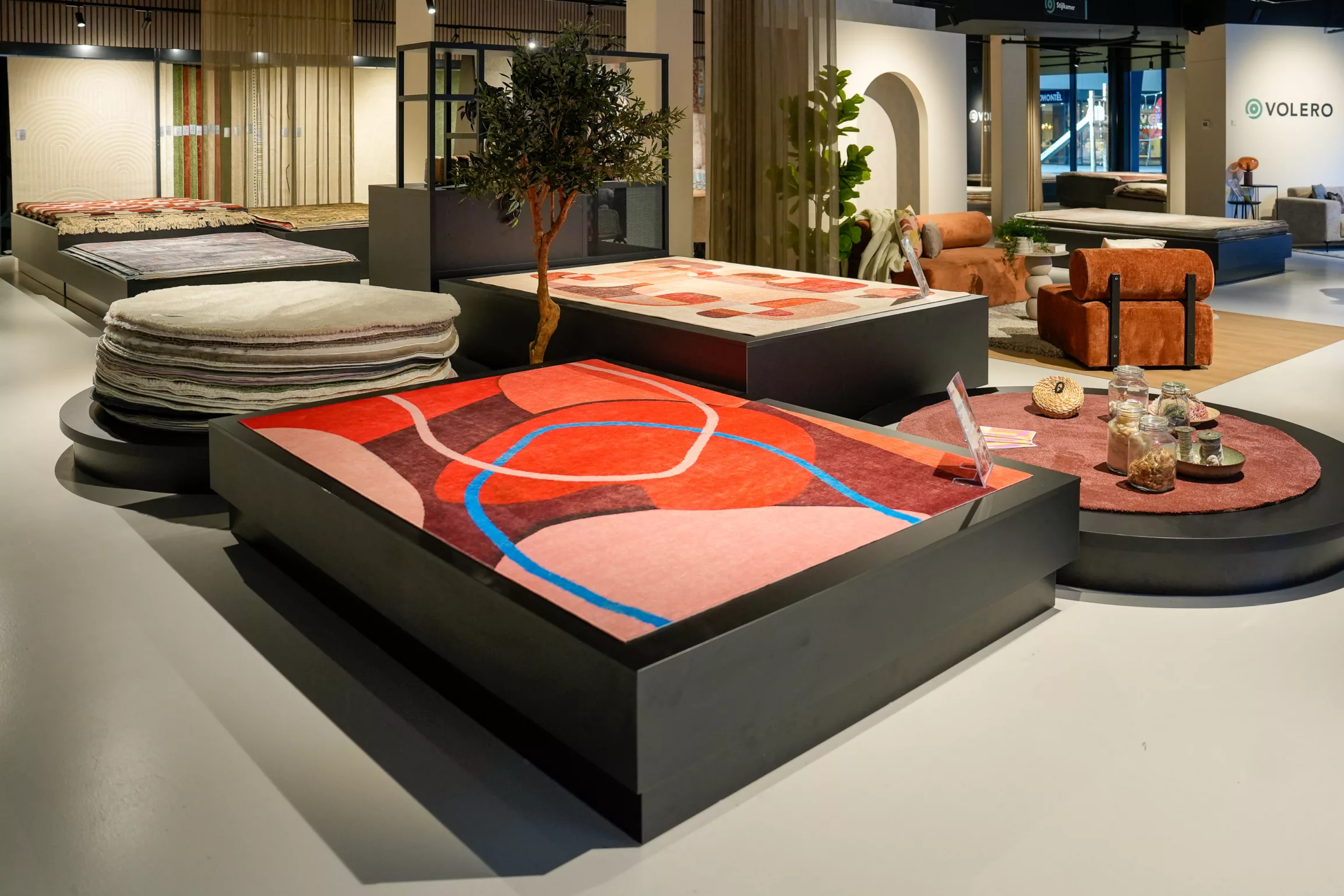 Showroom met grote collectie Volero vloerkleden in warme kleuren, Burgundy, kersenrood, aardetinten, organische vormen