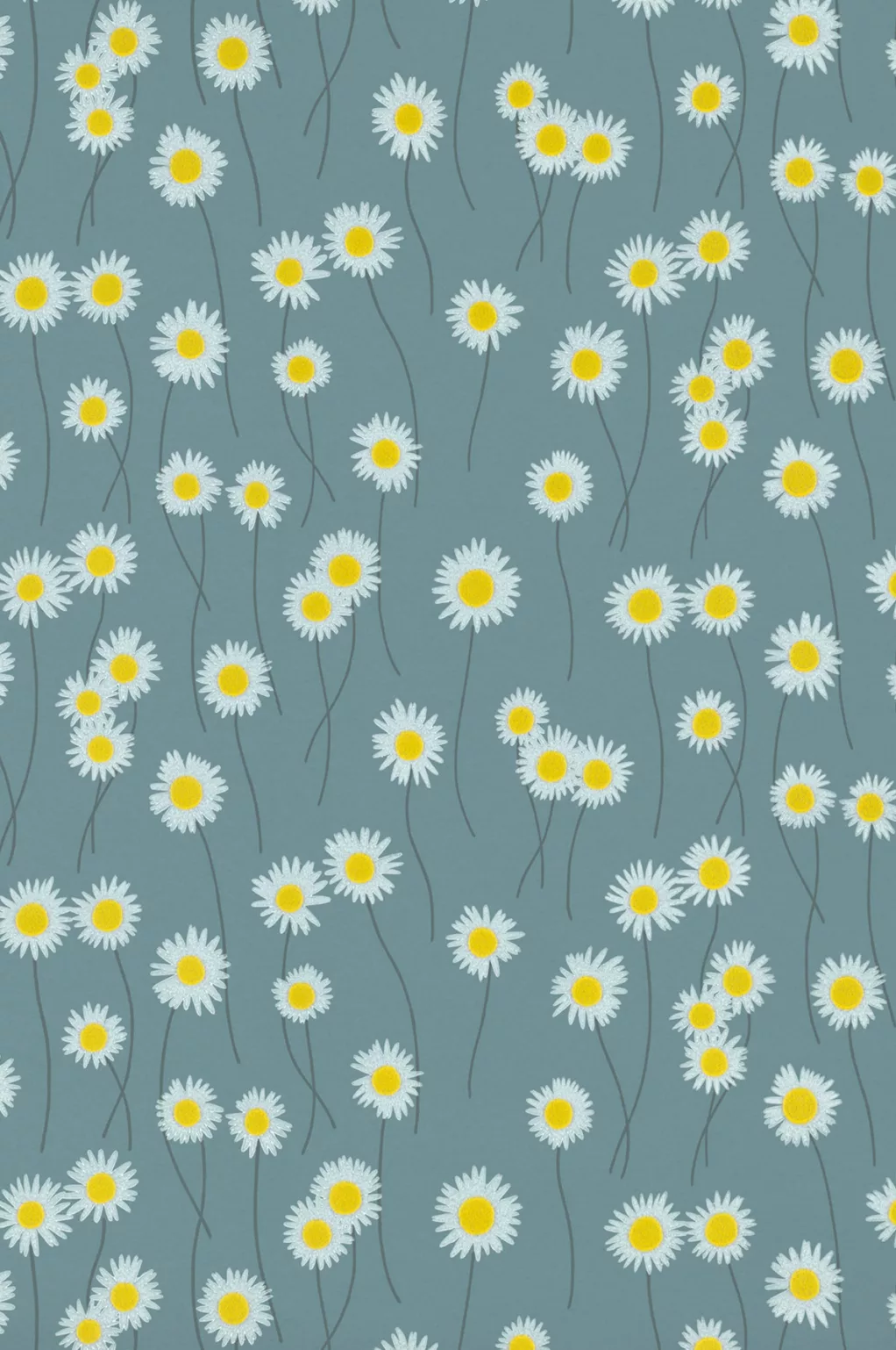 petrolkleurig behang met witte margrietjes